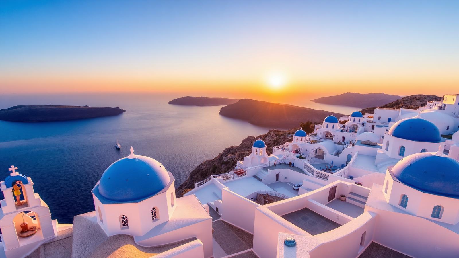 Coucher de soleil sur Santorin, dômes bleus des Cyclades — déménagement îles grecques