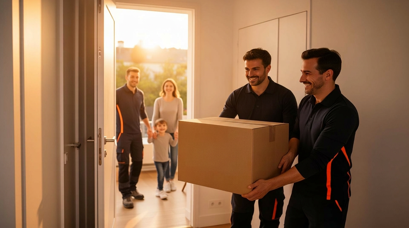 Équipe Team Courses International accueillie chez des clients — déménagement clé en main pour particuliers, cadres en mutation et entreprises